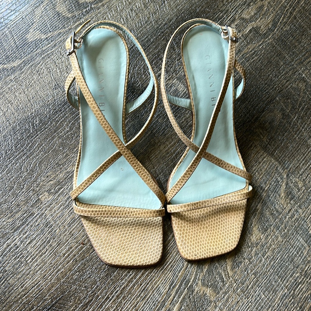 Gianni Bini SQUARE TOE SANDAL HEEL, woman’s size 7.5 Tan/Cream